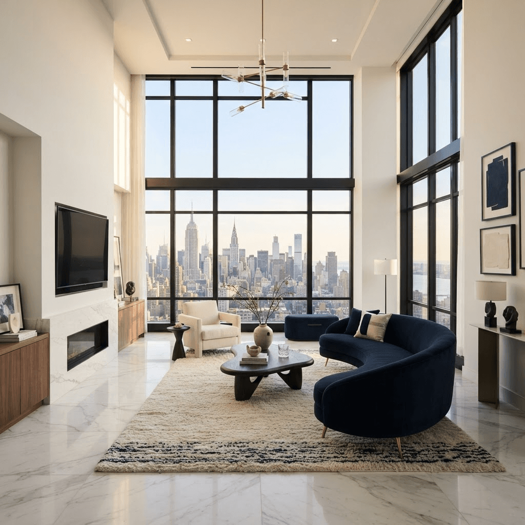 Skyline Penthouse, Living Room interior by BlueTree Interiors